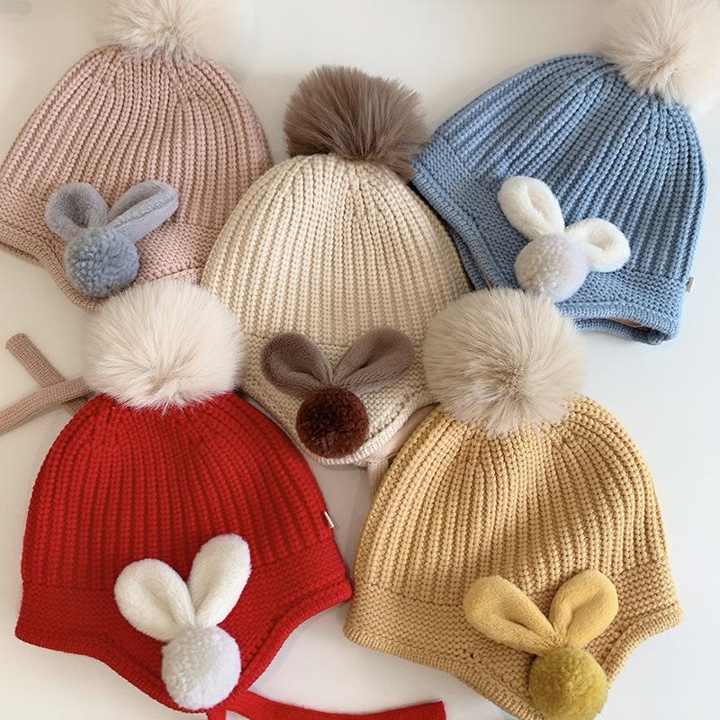 Solid Color Fuzz Ball Baby's Elastic Ear Protection Knit Hat