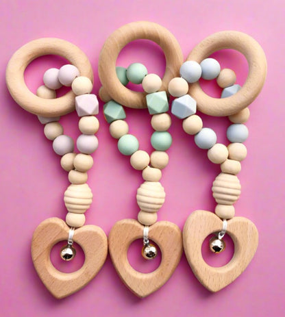 Hand-made Silicone Beech Wood Baby Teether Toy with Bell