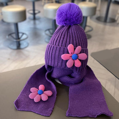 Children's Warm Thickened Knitted Flower Hat Scarf Suit