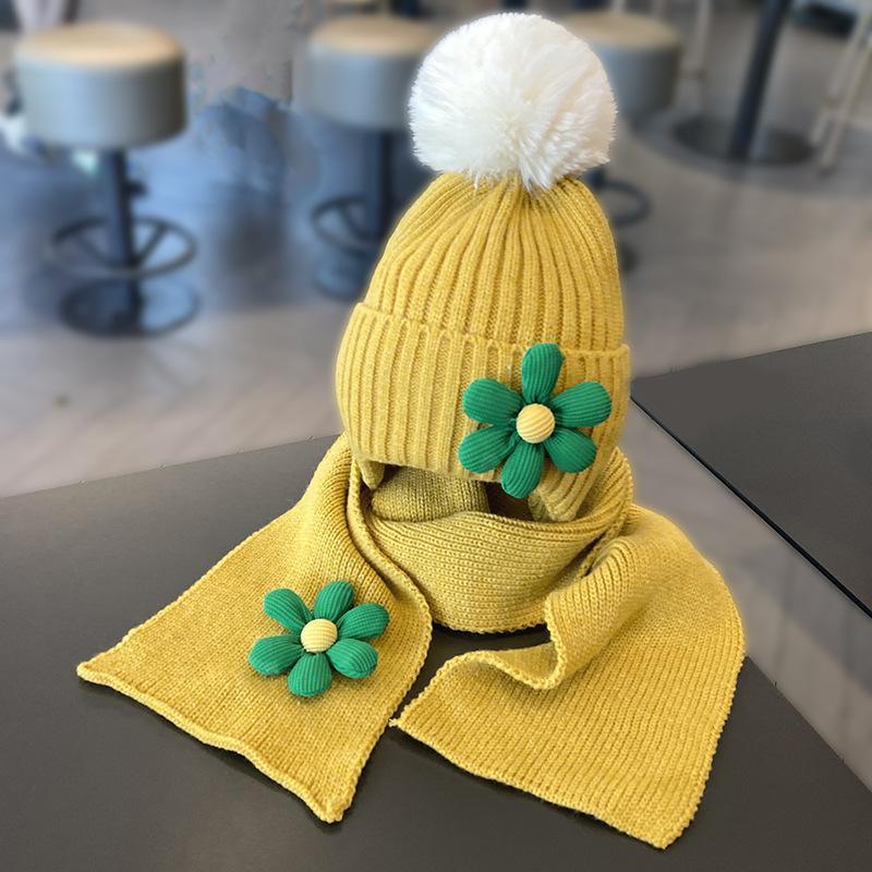 Children's Warm Thickened Knitted Flower Hat Scarf Suit
