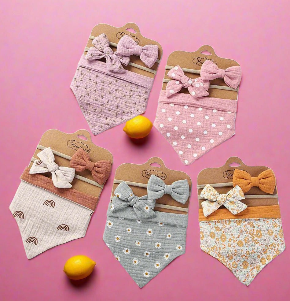 Baby's Triangle Towel Waterproof Bib Bow Headband Set