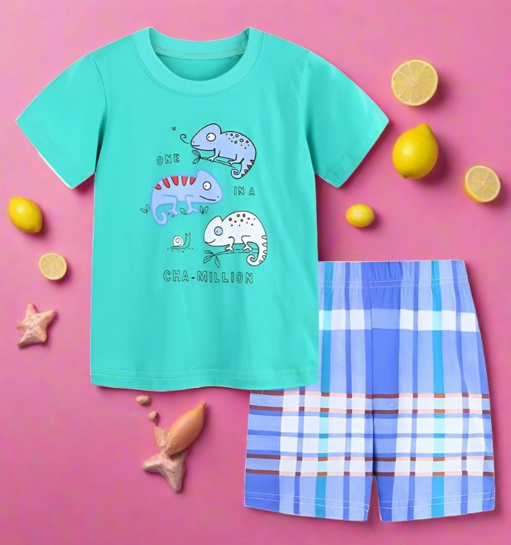 Knitted cotton boys' short sleeve two piece cartoon