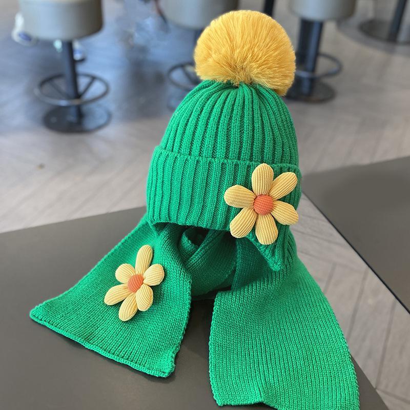 Children's Warm Thickened Knitted Flower Hat Scarf Suit