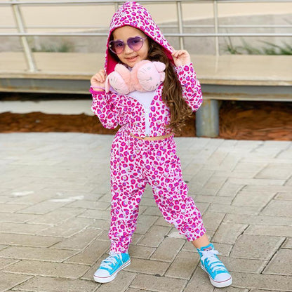 Girl's Pink Leopard Long Sleeve Bunch Hood Set