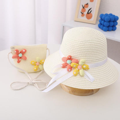 Trendy Flower Streamer Children's Straw Hat Bag Set