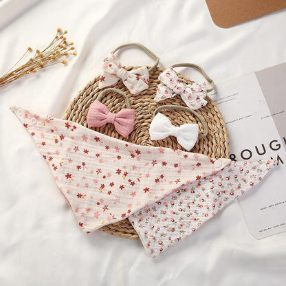 Baby's Triangle Towel Waterproof Bib Bow Headband Set