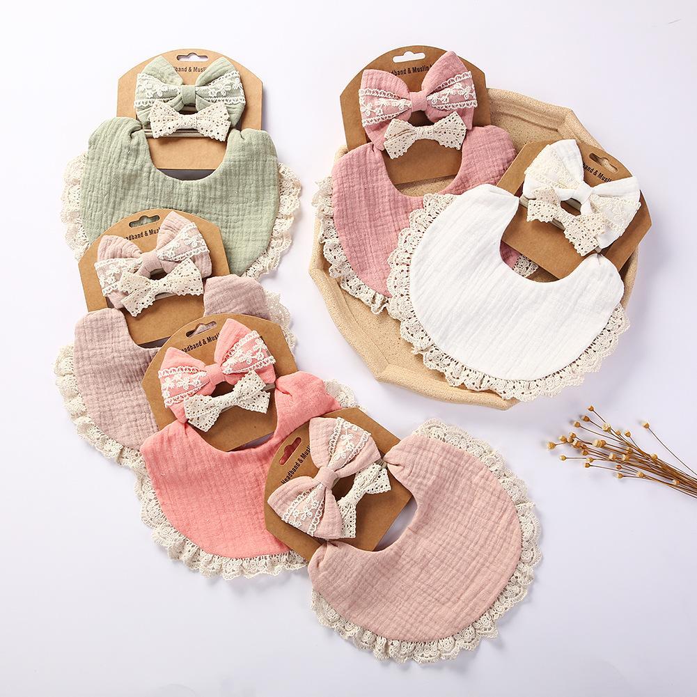 Baby Lace Saliva Towel Headband Set Waterproof Bib