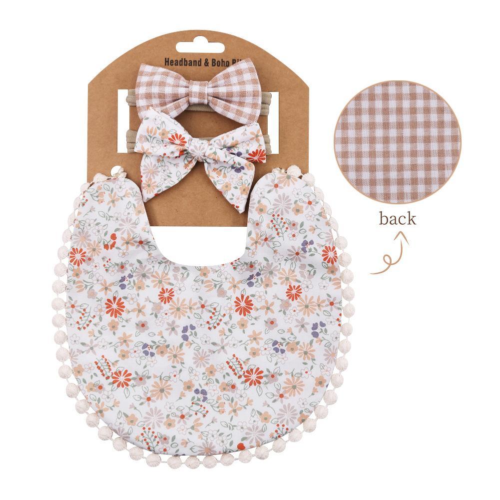 Plaid Printed Baby Triangle Towel Bib Headband Set