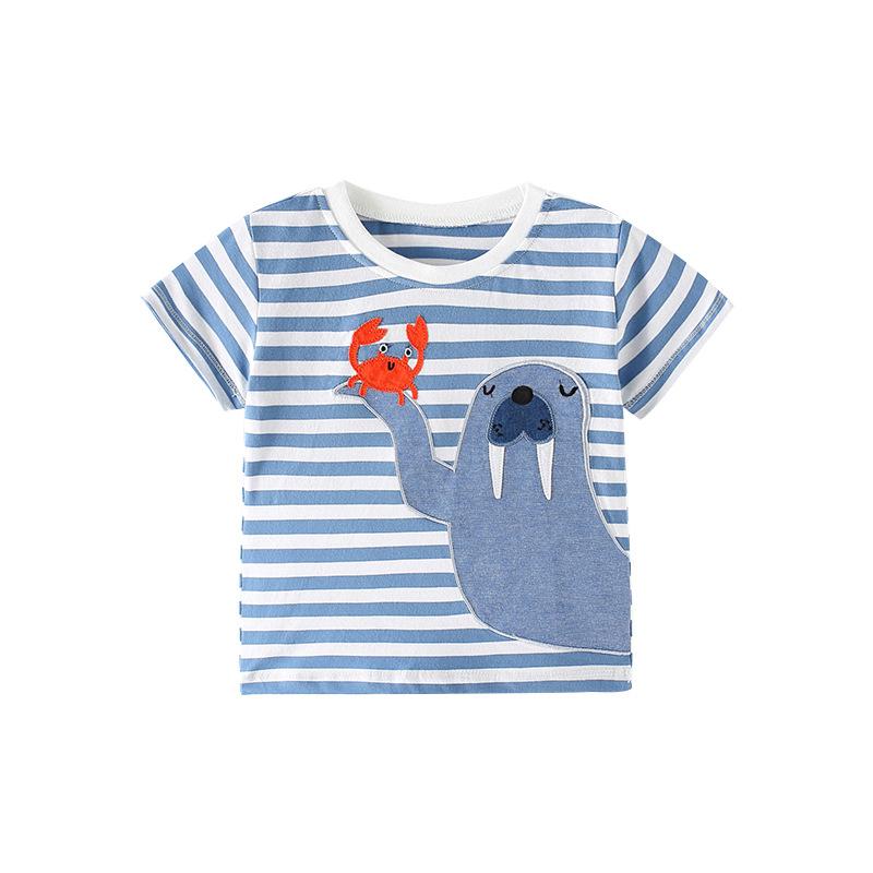 Boys cartoon cotton short sleeve round neck stripe T-shirt