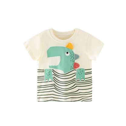 Boys' striped cartoon cotton short sleeve round neck T-shirt
