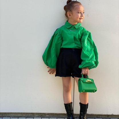 Girls Shirt Long Sleeve Lantern Sleeve Shorts Set