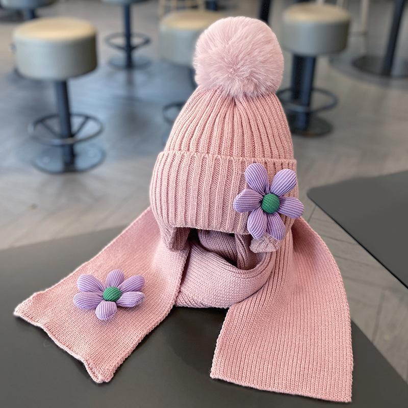 Children's Warm Thickened Knitted Flower Hat Scarf Suit