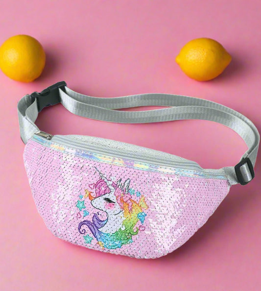 Kids Shoulder Bag Unicorn Printed Sequined Waist Bag