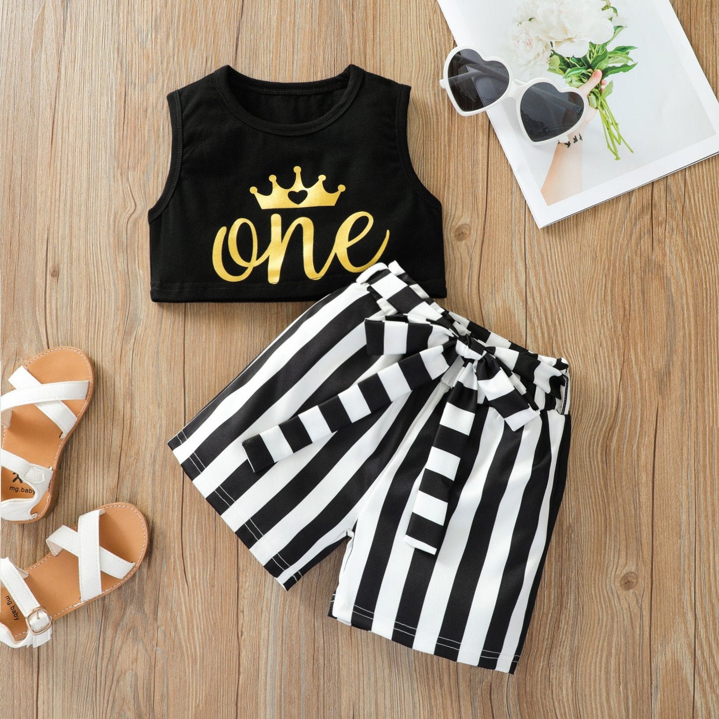 Solid color letter printed vest short shirt fashion stripe bow two piece set