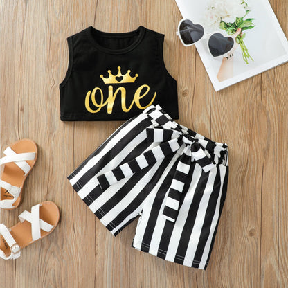 Solid color letter printed vest short shirt fashion stripe bow two piece set