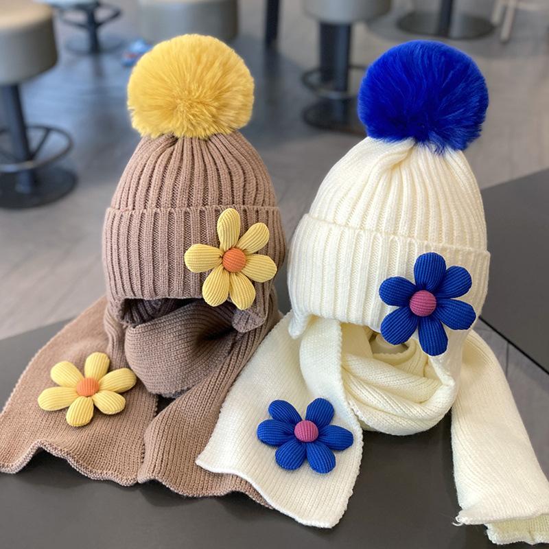 Children's Warm Thickened Knitted Flower Hat Scarf Suit