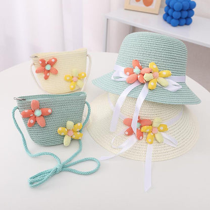 Trendy Flower Streamer Children's Straw Hat Bag Set