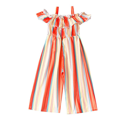 Suspender lace girls' color striped printed wide leg pants BODYSUIT