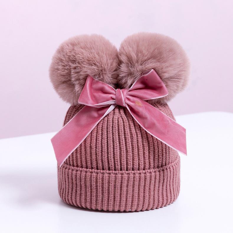Double Plush Ball Kids Thickened Knit Bow Hat