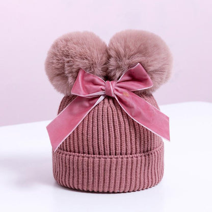 Double Plush Ball Kids Thickened Knit Bow Hat