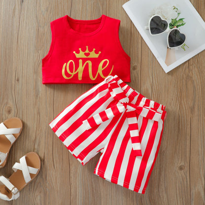 Solid color letter printed vest short shirt fashion stripe bow two piece set