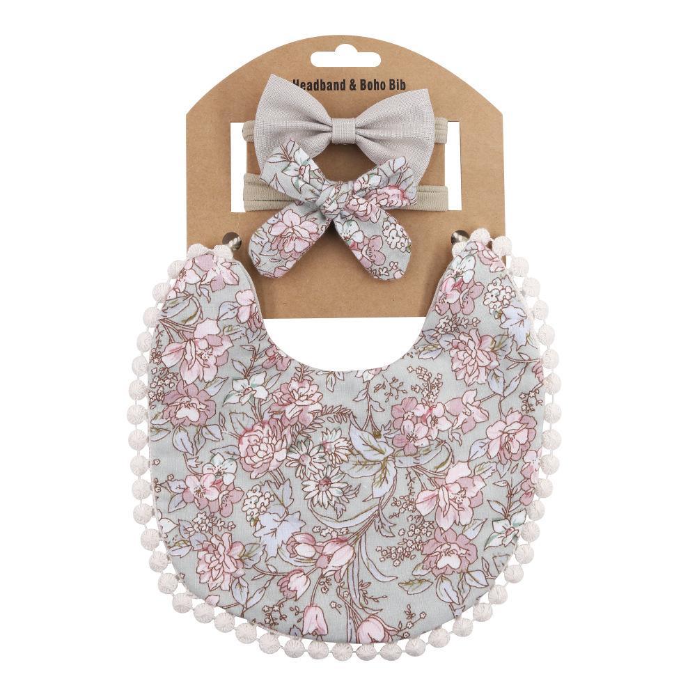 Linen Cotton Printed Baby Towel Bib Headband Set