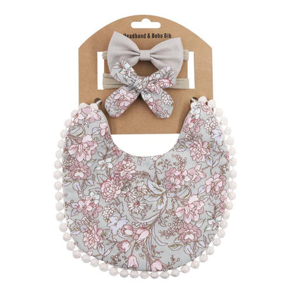 Linen Cotton Printed Baby Towel Bib Headband Set