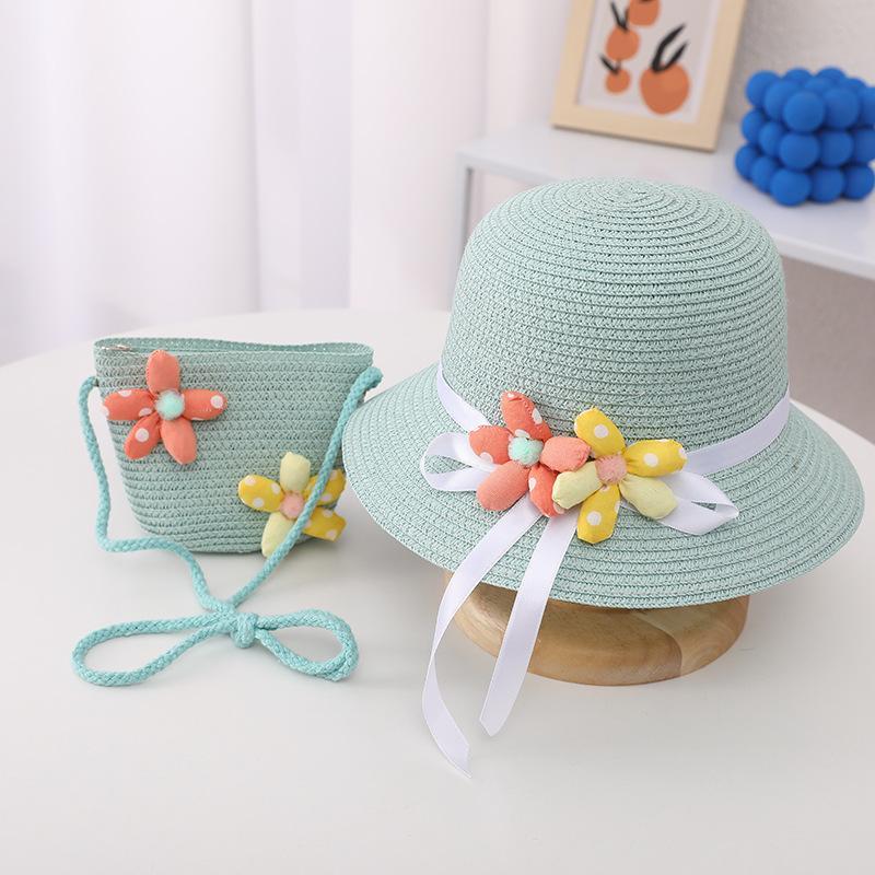 Trendy Flower Streamer Children's Straw Hat Bag Set