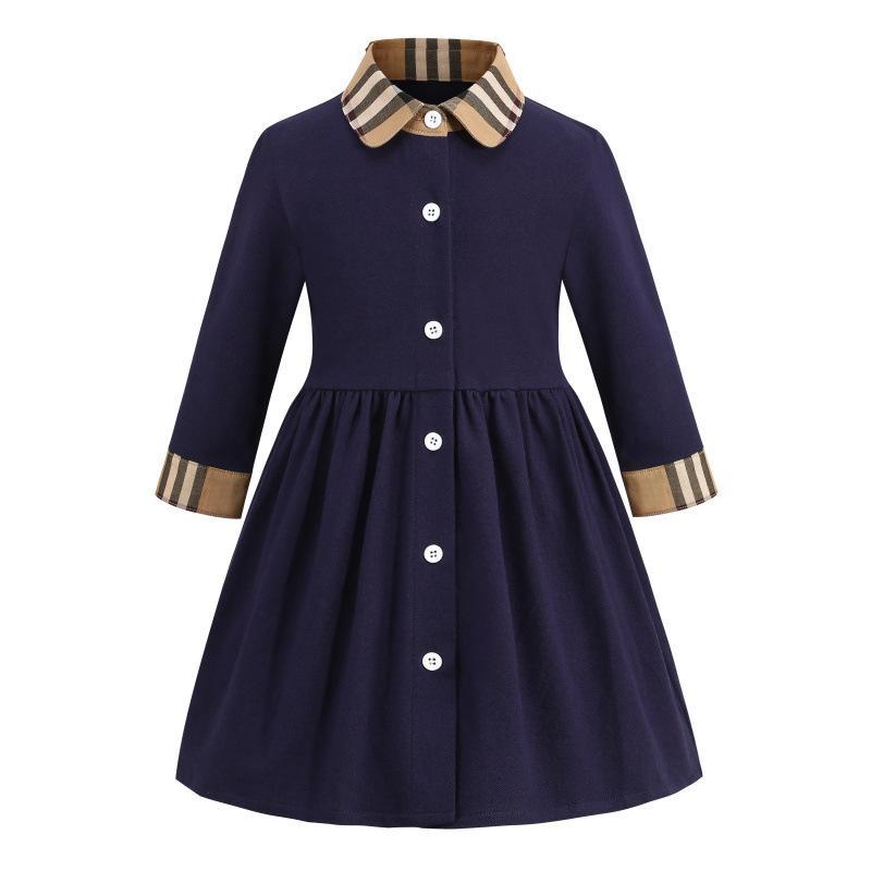 Children's Lapel Plaid Contrast Long Sleeve Cotton Dress