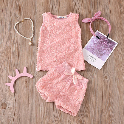 Sleeveless vest rose top suit two piece set