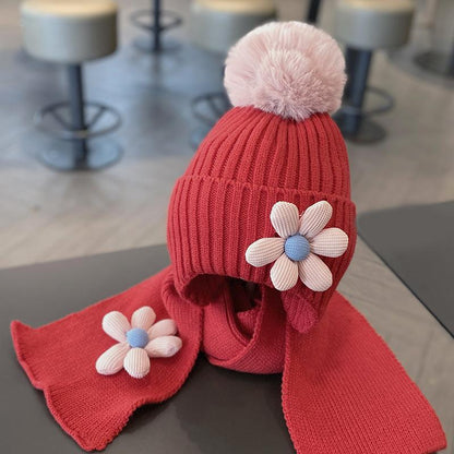 Children's Warm Thickened Knitted Flower Hat Scarf Suit