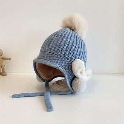 Solid Color Fuzz Ball Baby's Elastic Ear Protection Knit Hat