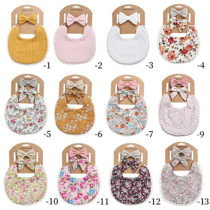 Linen Cotton Printed Baby Towel Bib Headband Set