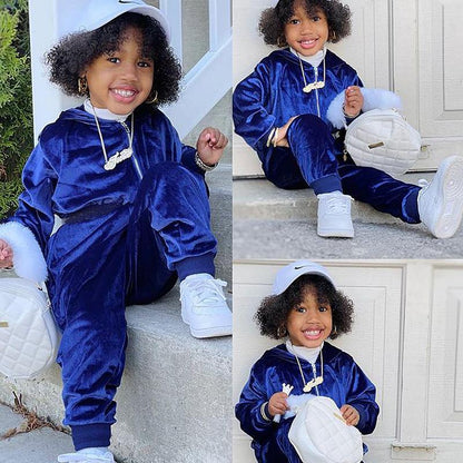 Girl's Gold Velvet Long Sleeve Jacket Jacket Two-Piece Set