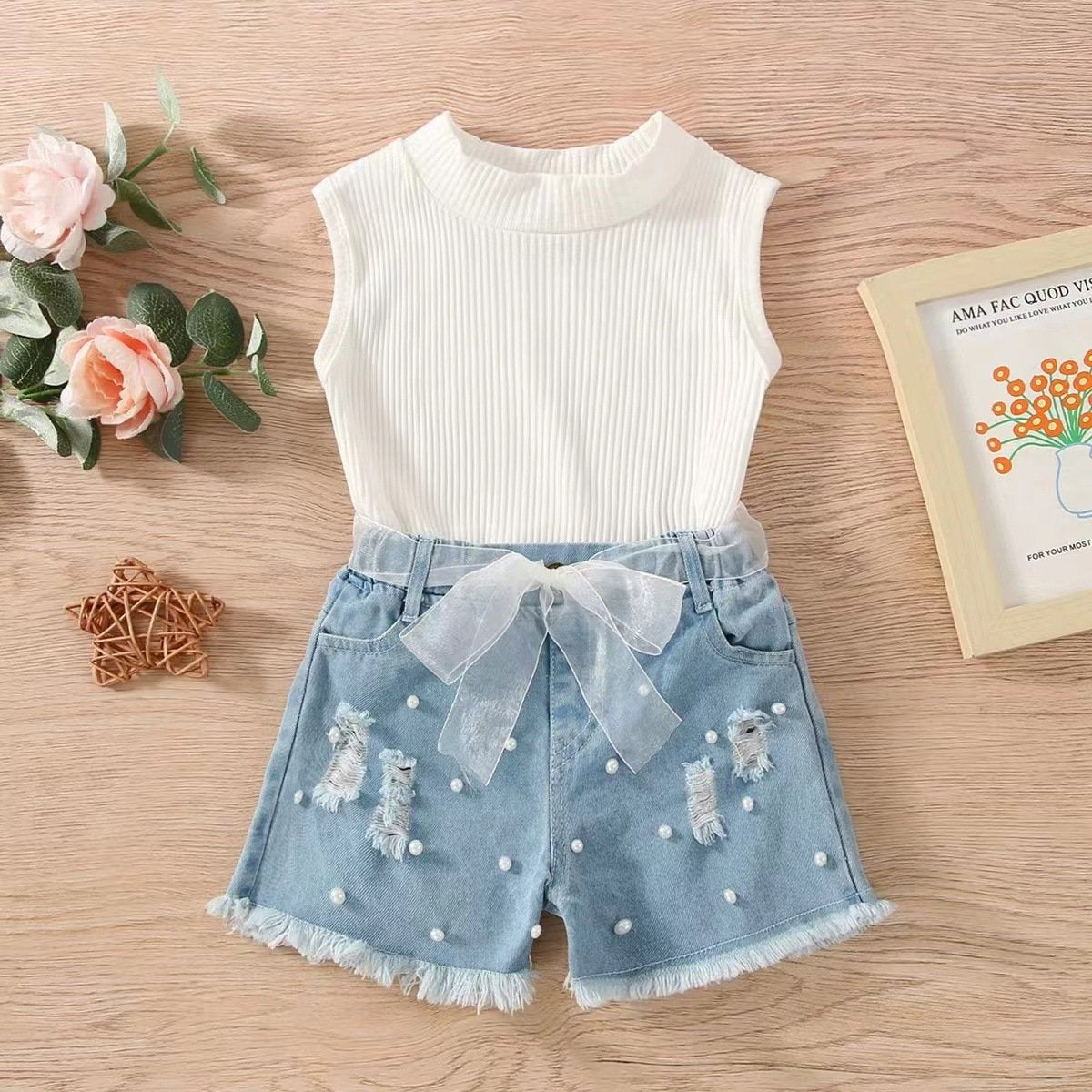 Sleeveless pit strip children's suit denim shorts two-piece set