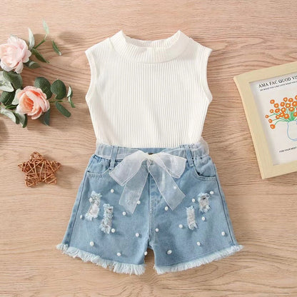 Sleeveless pit strip children's suit denim shorts two-piece set