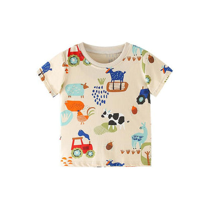 Handsome boys' cartoon cotton short sleeve boys' round neck T-shirt