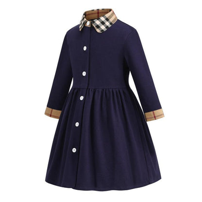 Children's Lapel Plaid Contrast Long Sleeve Cotton Dress