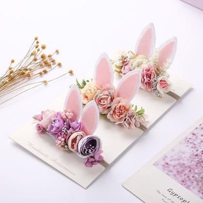 Children's Artificial Flower Hair Tie Handmade Rabbit Ear Headband