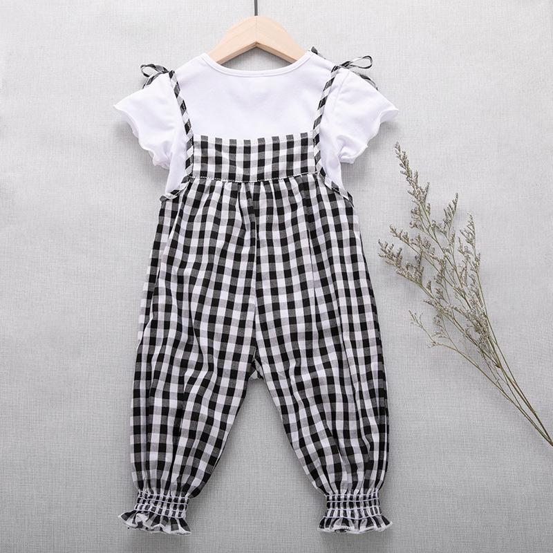 White T-shirt + Plaid suspender pants two-piece children's set