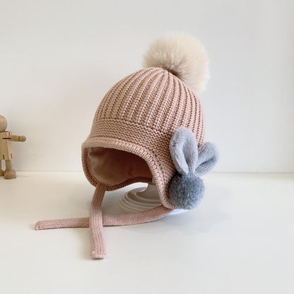 Solid Color Fuzz Ball Baby's Elastic Ear Protection Knit Hat