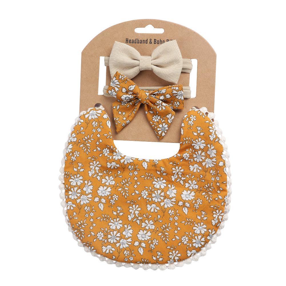 Linen Cotton Printed Baby Towel Bib Headband Set