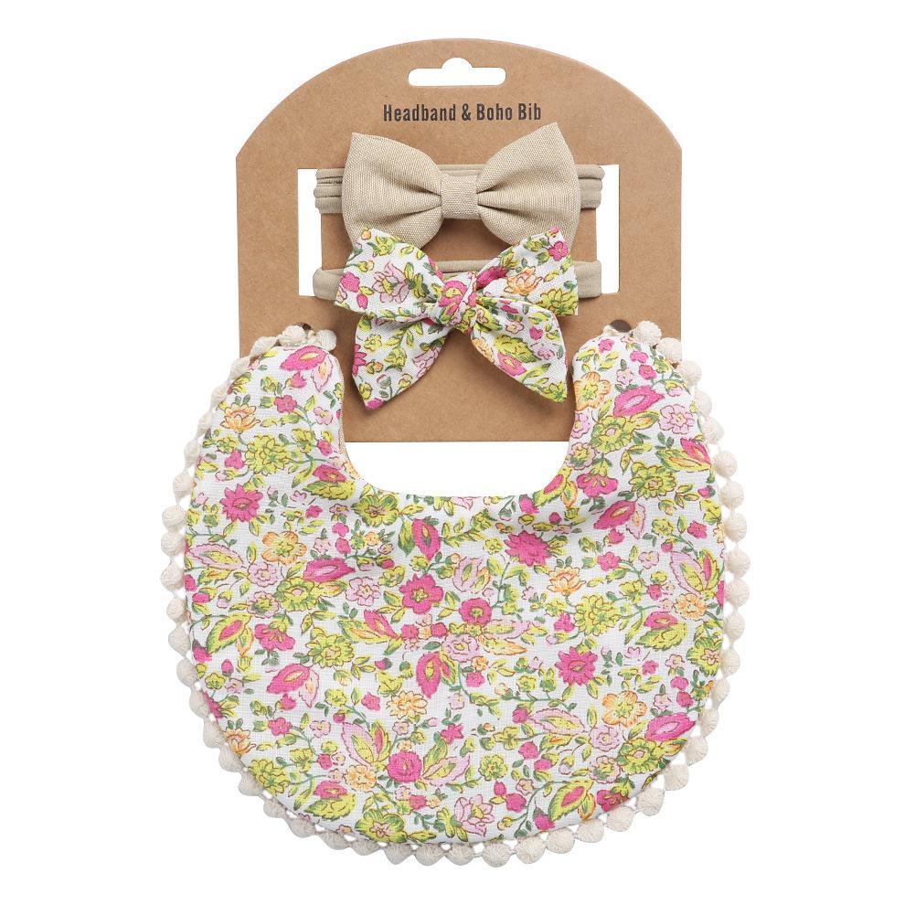 Linen Cotton Printed Baby Towel Bib Headband Set
