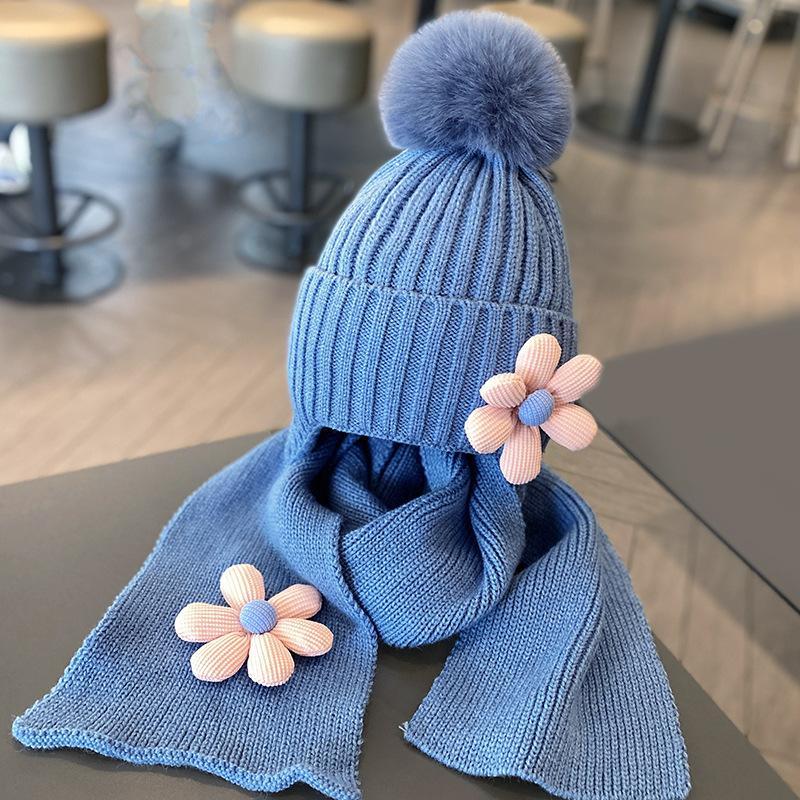 Children's Warm Thickened Knitted Flower Hat Scarf Suit