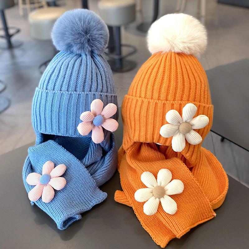 Children's Warm Thickened Knitted Flower Hat Scarf Suit