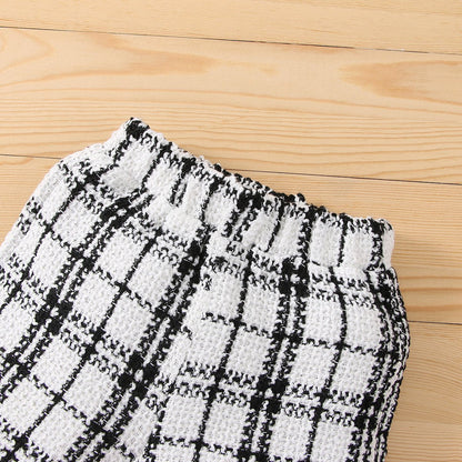 Suspender small fragrant wind Plaid Shorts baby three piece set