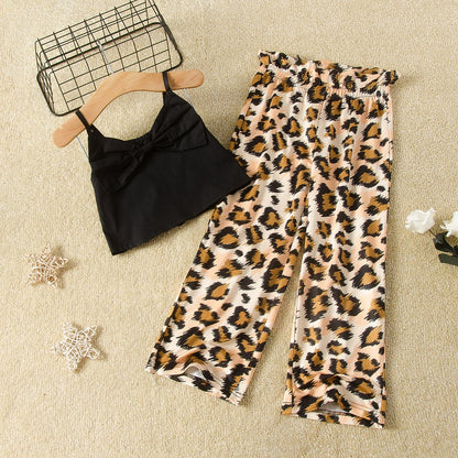 Suspender jacket leopard horn pants two piece set
