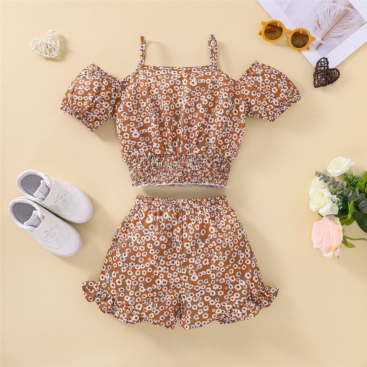 Suspender one shoulder floral girls fashion suit
