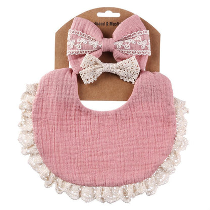 Baby Lace Saliva Towel Headband Set Waterproof Bib