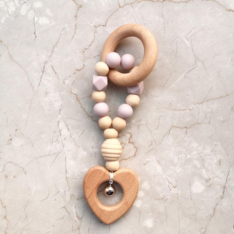 Hand-made Silicone Beech Wood Baby Teether Toy with Bell